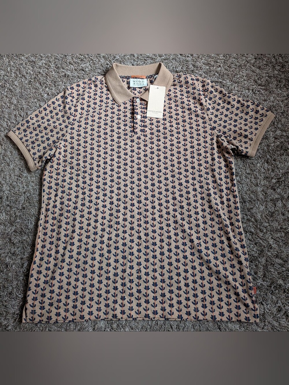 NWT Scotch & Soda Leaf Stripe AOP Cotton Regular Fit Polo Shirt Men's XL